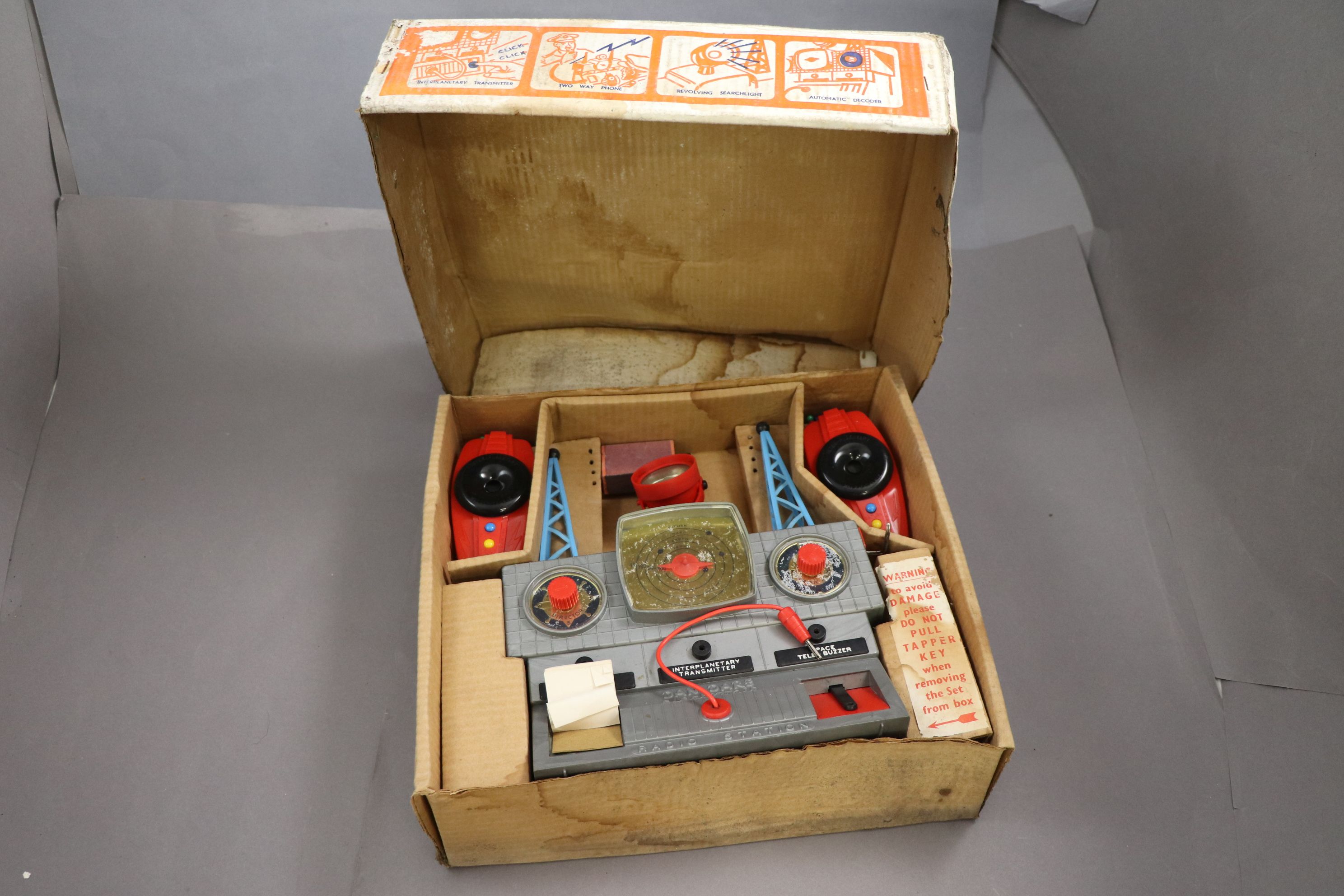 Boxed Merit 3110 Dan Dare Electronic Radio Station Space Control in gd condition, box lid stained - Image 2 of 5