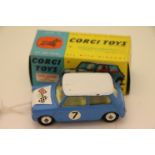 Boxed Corgi 227 Morris Mini Cooper Competition model in sky blue with white roof, pale yellow