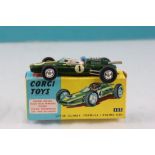 Boxed Corgi 155 Lotus Climax Formula 1 Racing Car in green with yellow stripe and race number 1,