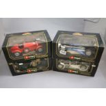 Four Boxed Burago Diecast Vehicles, 1/20 scale - Mercedes Benz 500K Roadster 1936, Alfa Romeo 2300