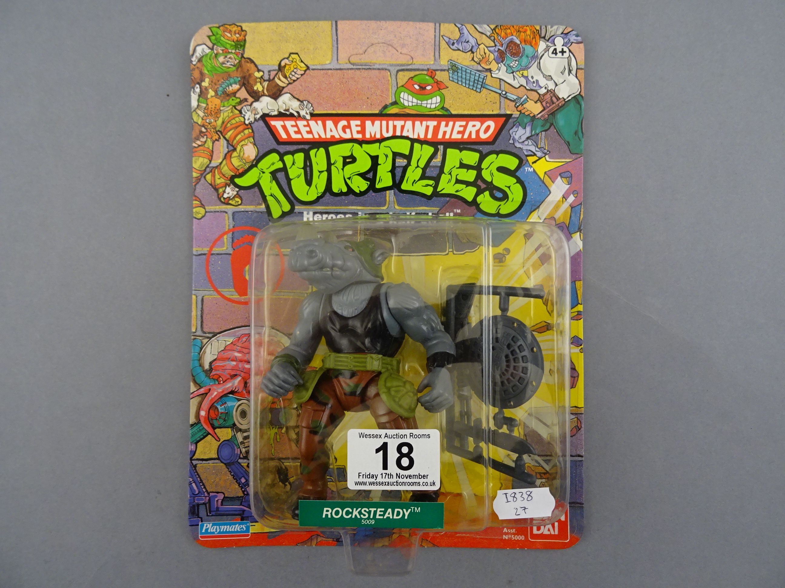 Original carded Playmates Bandai Teenage Mutant Hero Turtles Rocksteady figure 20 back, unpunched,