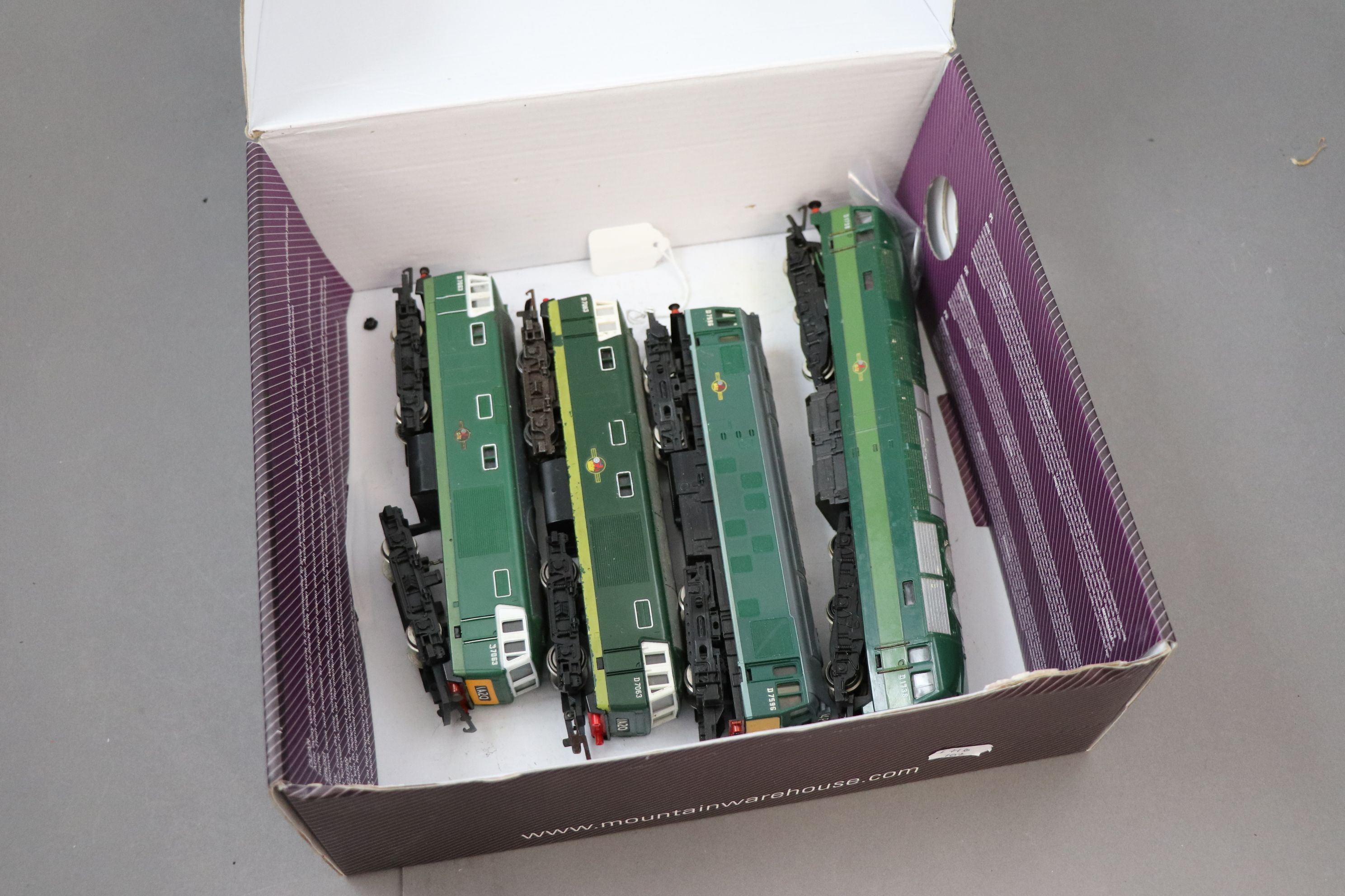 Four Hornby & Triang Diesel engines, all in BR green livery to include D1738, D7596, D7063 & D7063