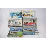 Collection of 7 boxed plastic model kits, 6 aeroplanes and 1 car, to include Hawkeye, Phantom,