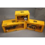 Three boxed Britains 1:32 JCB construction diecast models to include JS 200W Wheeled Excatvator, 3CX