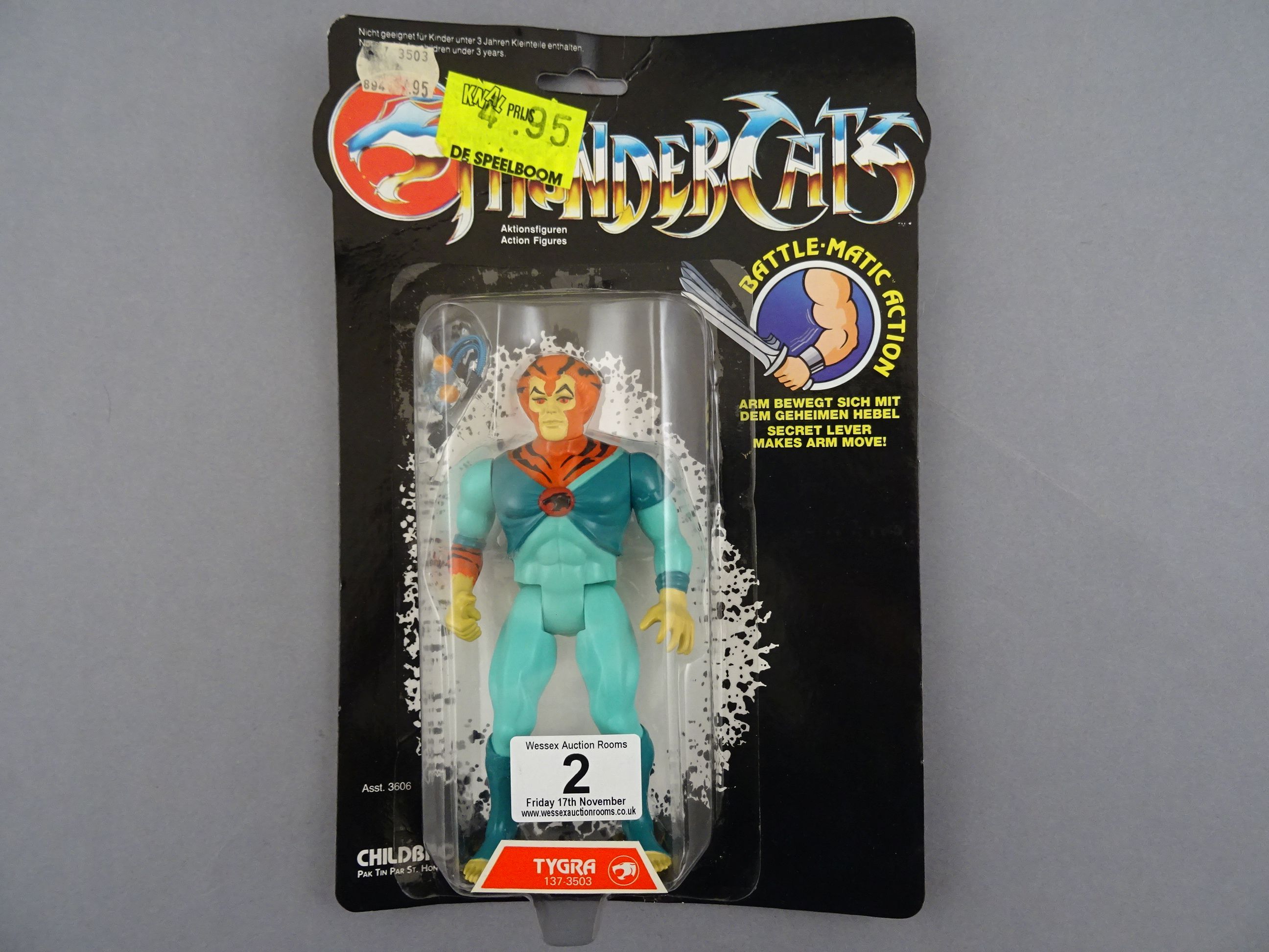 Original carded LJN Thundercats Tygra figure with some bend to the card and crease to the top,