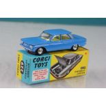 Boxed Corgi 229 Chevrolet Corvair in blue with pale yellow interior, diecast & box excellent