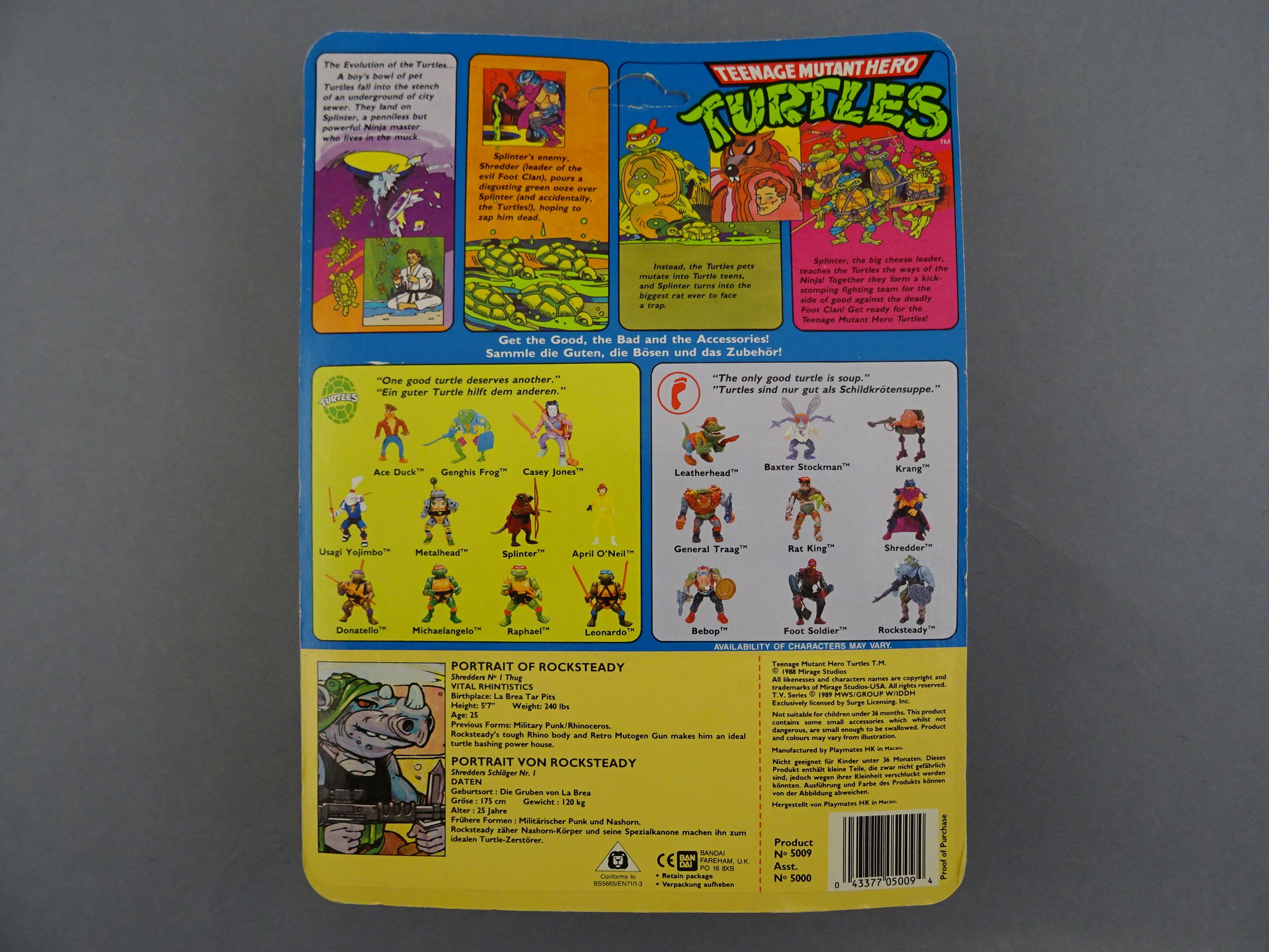 Original carded Playmates Bandai Teenage Mutant Hero Turtles Rocksteady figure 20 back, unpunched, - Image 3 of 3