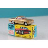 Boxed Corgi 239 Volkswagen 1500 Karmann Ghia in gold with red interior, spare tyre and bag,