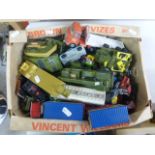 Collection of vintage play worn diecast model vehicles to include many Dinky examples, Corgi etc