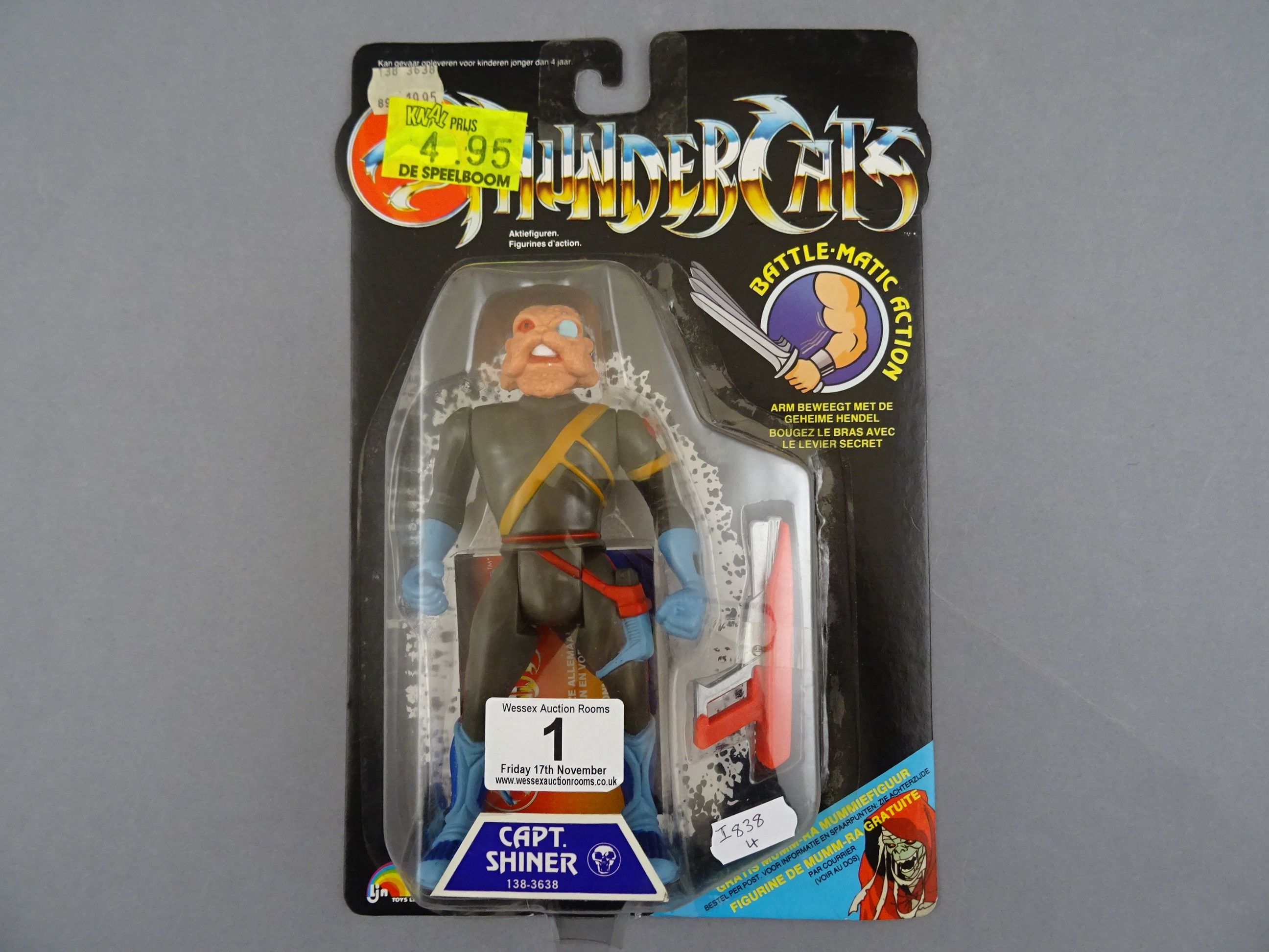 Original carded LJN Thundercats Capt. Shiner figure in vg condition with slight creasing to top