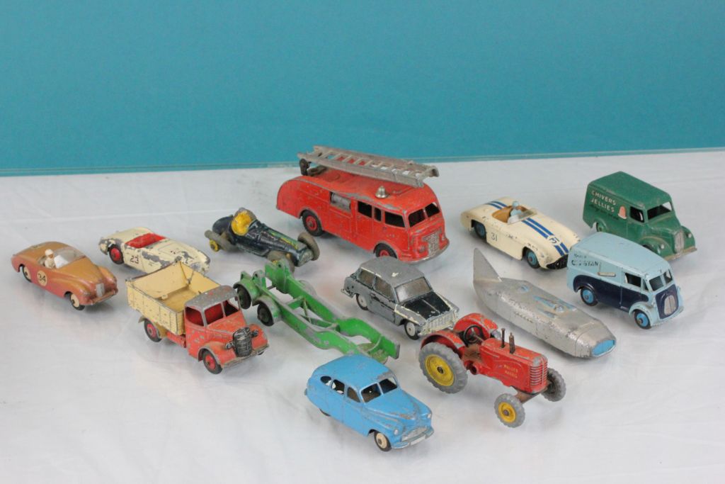 13 Original play worn diecast Dinky model vehicles to include Morris 10 CWT Van, Trojan,