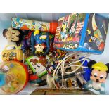 Collection of vintage Disney toys and figures to include tin, Donald Duck Hankies (complete), etc
