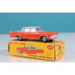 Boxed Dinky 180 Packard Clipper Sedan in two tone orange and grey, diecast vg, box fair with correct