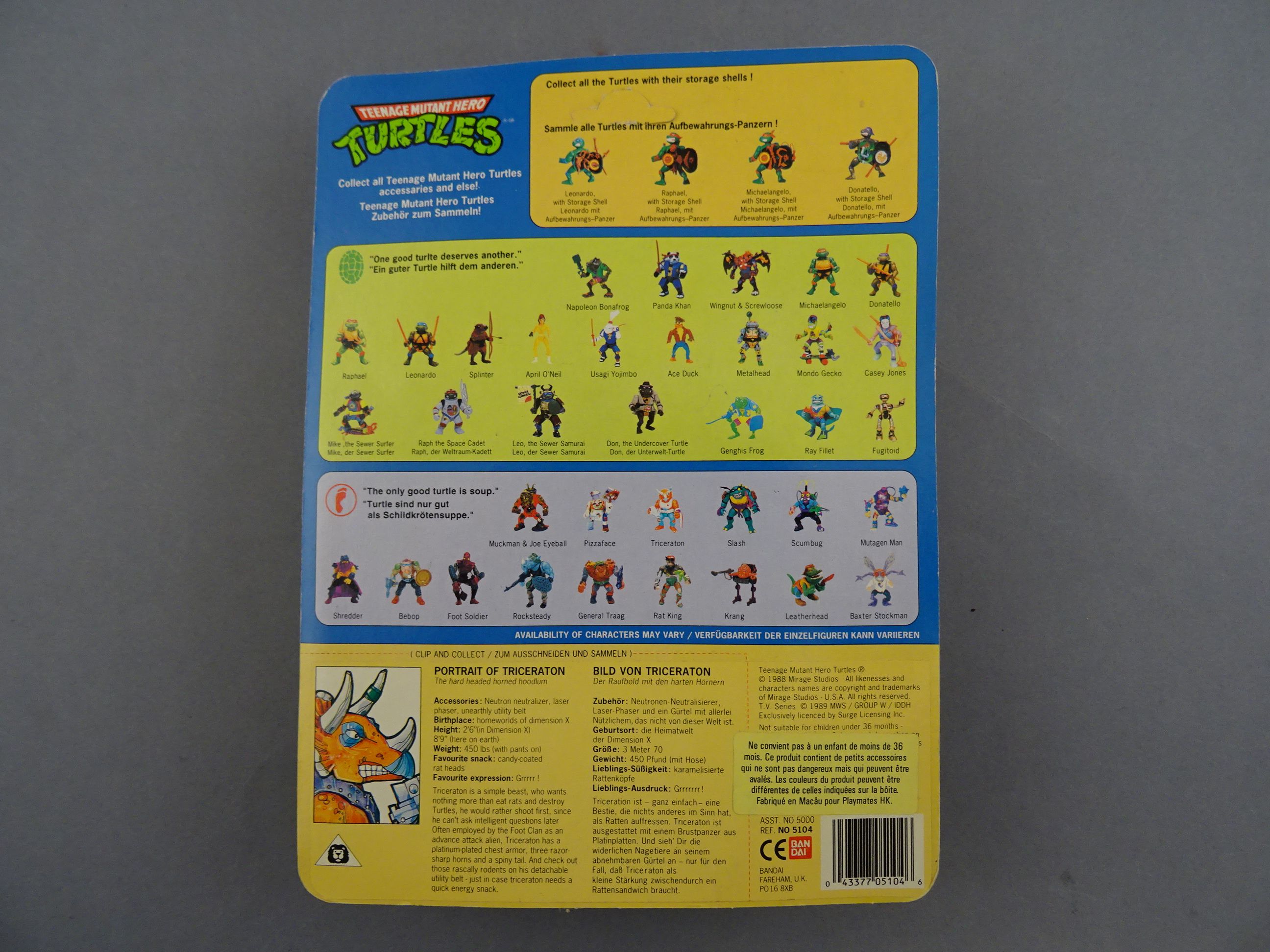 Original carded Playmates Bandai Teenage Mutant Hero Turtles Triceraton figure 40 back, unpunched, - Image 3 of 3