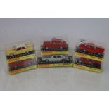 Six cased Dinky diecast vehicles to include 154 Ford Taunus 17M, 216 Dino Ferrari, 116 Volvo