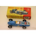 Boxed Dinky 240 Cooper Racing Car in sky blue, with driver, race number 20, decals & diecast