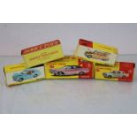 Five boxed Dinky model vehicles to include 187 Volkswagen Karmann Ghia Coupe in red, 137 Plymouth