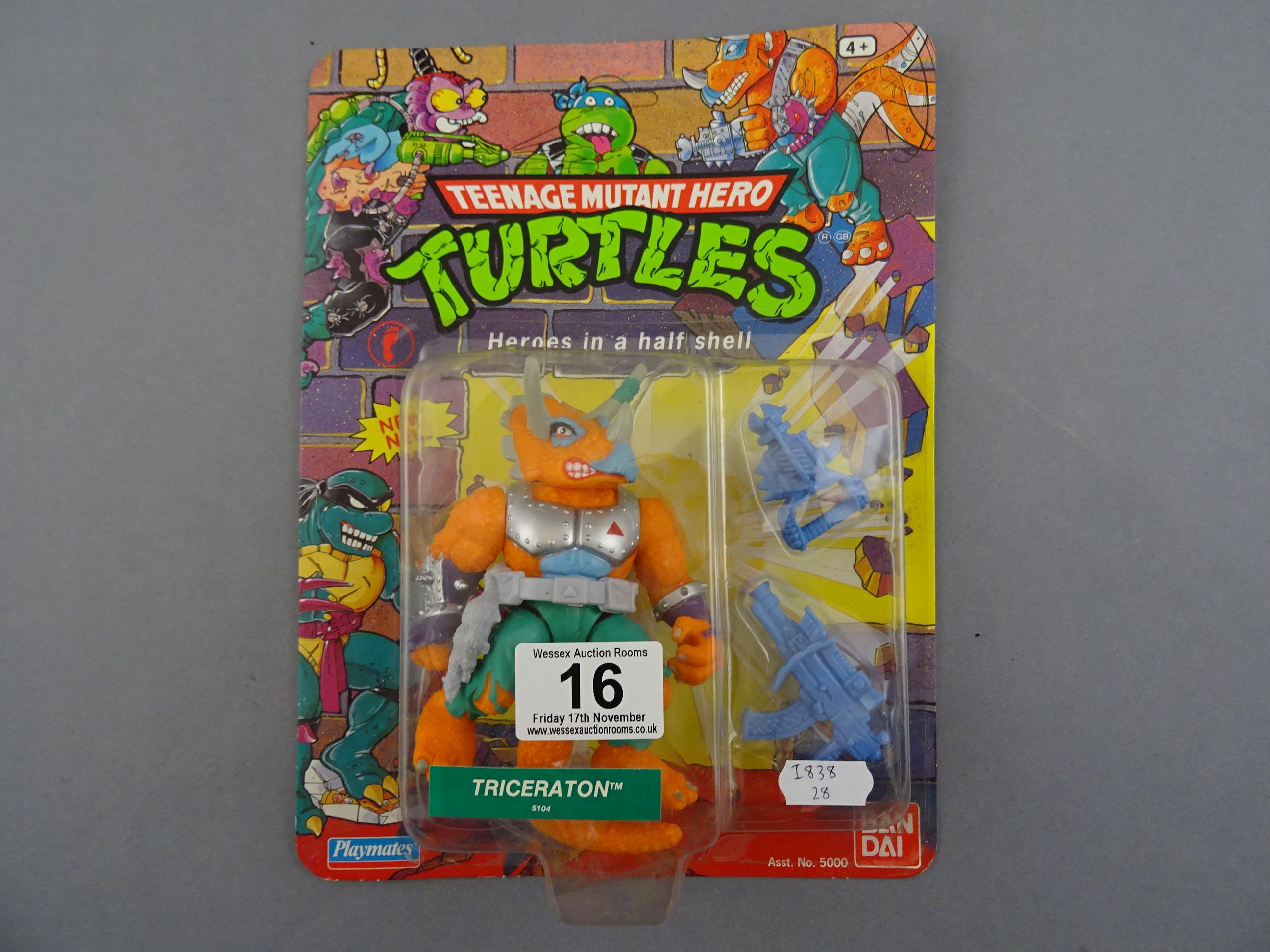 Original carded Playmates Bandai Teenage Mutant Hero Turtles Triceraton figure 40 back, unpunched,