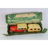 Boxed Mettoy tin plate clockwork 9596 Car with Caravan in red & cream, some signs of wear but vg