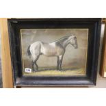 An ebonised framed equine oil painting of a grey thoroughbred horse
