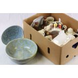 Box of mainly Wade ceramics to include; Cider mug, candlesticks, Wade heath bowl etc