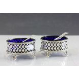 Pair of Victorian hallmarked Silver open Salts with blue glass liners and a Georgian pair of