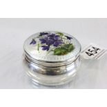 Hallmarked Silver vanity pot with Gilloche Enamel and painted Violet lid, Douglas Clock Co Ltd