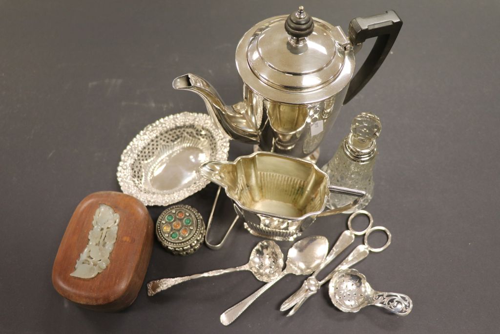 Mixed hallmarked Silver & other metalware to include; sifting spoon, bon bon dish, sugar tongs