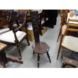 Oak Spinning Chair, the back carved with a Knight in Armour