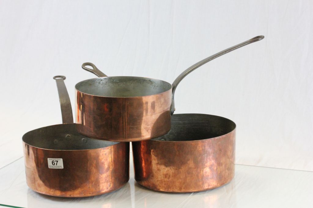 Three Large Copper Saucepans with Iron Handles