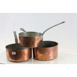 Three Large Copper Saucepans with Iron Handles