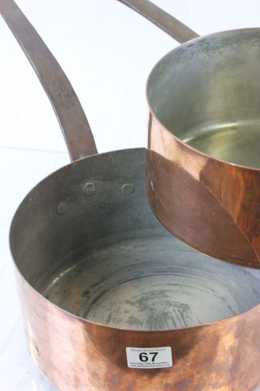 Three Large Copper Saucepans with Iron Handles - Image 2 of 2