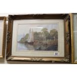 Swept gilt framed oil painting tranquil coastal scene with sailboat