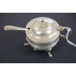 Hallmarked silver mustard pot with hinged lid and blue glass liner, Cross brothers Birmingham `1906