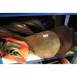 Three Leather Horse / Pony Saddles and Box of Bits and Stirrups