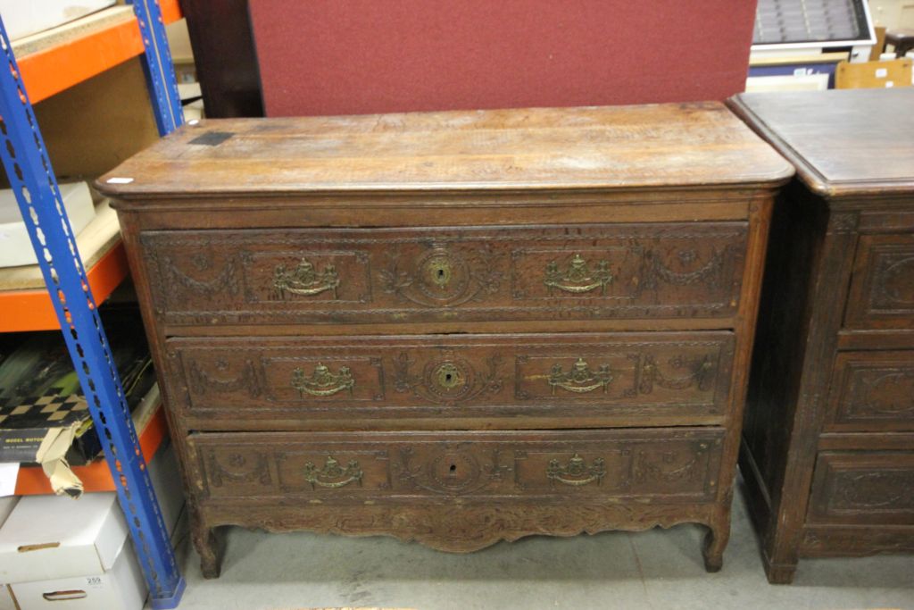 Large French Oak Chest of Three Long Drawers with panels carved with swags