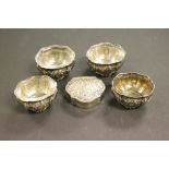 Four white metal open Salts, three with glass liners and a Dutch hallmarked Silver Snuff box