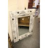 White Distressed Finish Rectangular Framed Mirror with Bevelled Edge