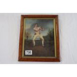 Birds eye maple framed oil painting of a Pugalist in an outdoor scene