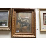 Gilt framed oil painting study of two Irish wolf hounds in a courtyard