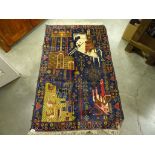 Small Blue Ground Wool Rug with pattern depicting Warrior on Horseback, Buildings and Animals