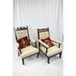 Late Victorian Matched Walnut His and Hers Salon Armchairs upholstered in the same material
