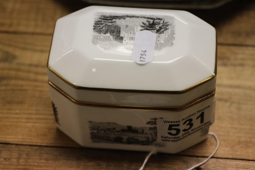 A Worcester lidded trinket box with Topographical panels together with a crested china Gladeye - Image 3 of 4