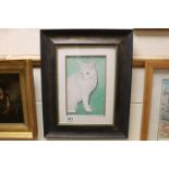 Watercolour of a White Cat signed C Kibble