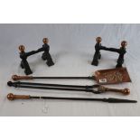 Art Nouveau Copper and Iron Three Piece Companion Set together with Pair of Fire Dogs and a Fire