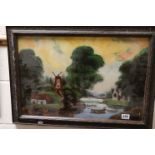 19th Century oil on canvas river scene with row boat, cottage & windmill