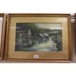 Gilt framed early 20th Century oil painting river view with lock & cottage