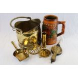 Brass Coal Scuttle, Brass Shovel, Trivet and Other Items, Bellows and a Very Large Stein Style Mug