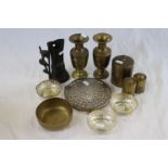 Oriental Bronze Bamboo Vase together with Various Indian Brass Items, Pair of Silver Plated