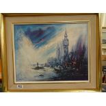 Contemporary oil on canvas Big Ben from the Thames indistincly signed Monti ? 69 .